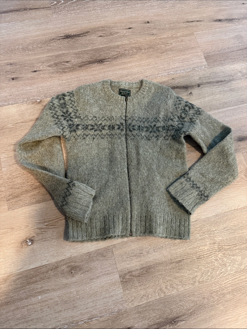 Abercrombie & Fitch Olive Green Zip-Front Fair Isle Cardigan